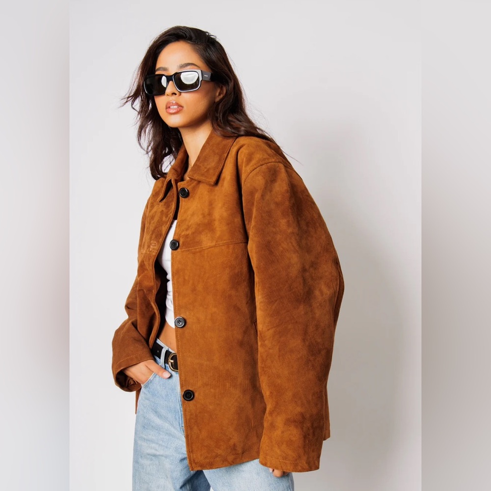 Oversized Brown Suede Jacket S - Picture 2 of 8